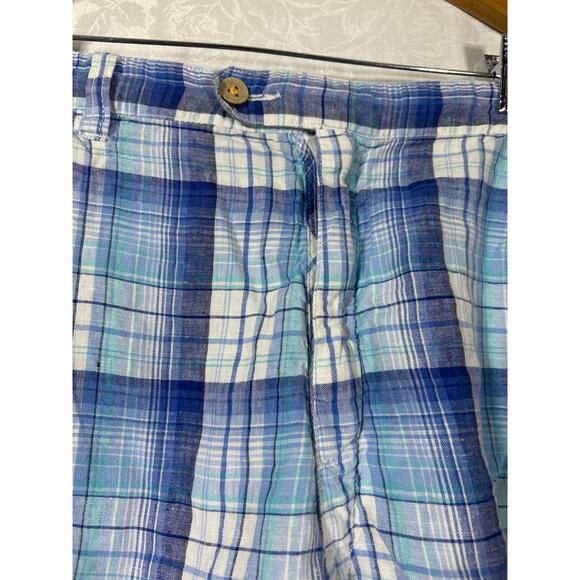 Reversible Shorts 42 Blue Plaid 100% Linen Pockets Bermuda - Picture 3 of 13